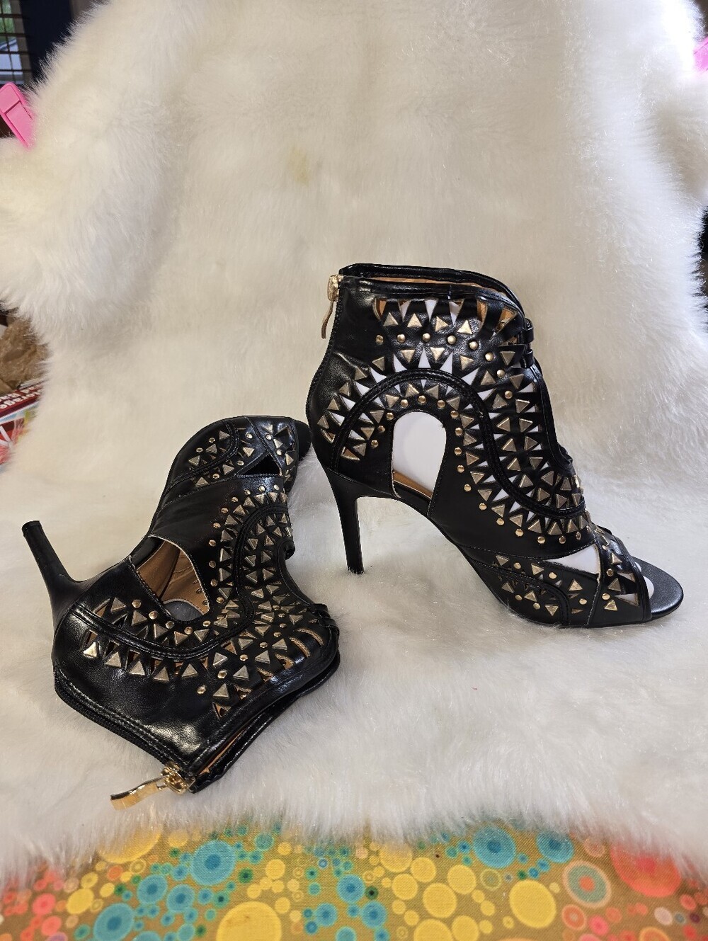 N.Y.L.A. Zalan Black Vegan Leather Studded Cutout High Heel Sandals for Women